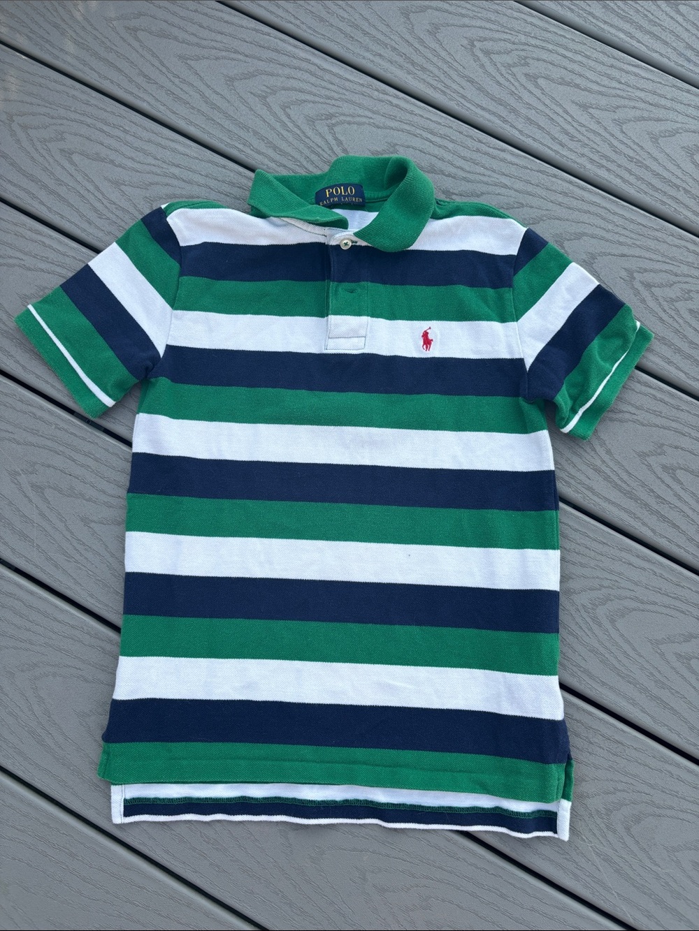 Polo by Ralph Lauren Green Navy White Striped Polo Shirt w/ Red Pony, size 10/M